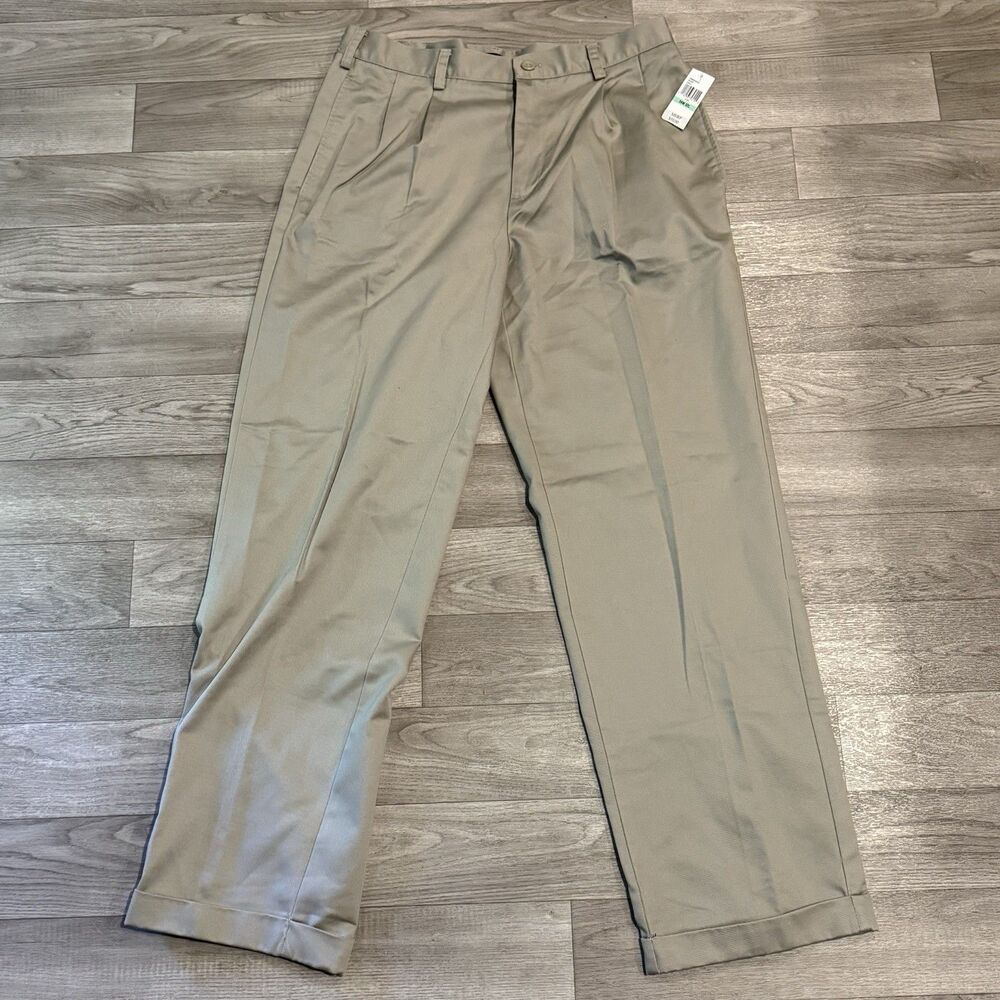 NEW Izod American Chino Double Pleat Classic Pants Mens Sz 34x32 Khaki Cotton